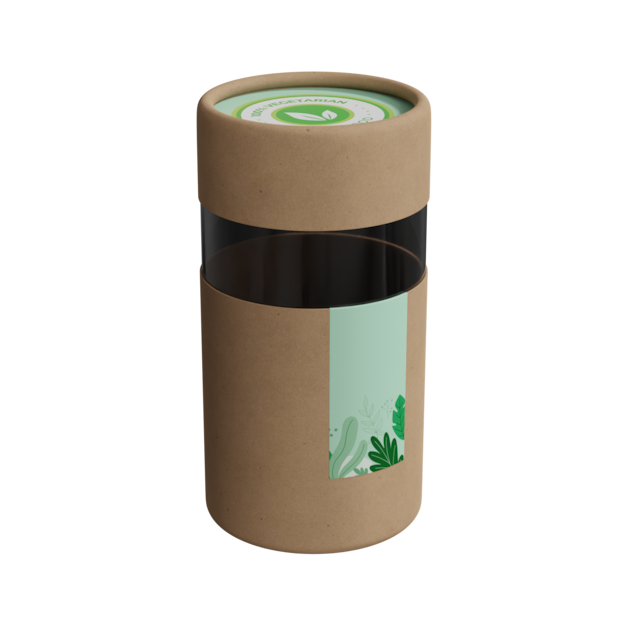 Caja cilíndrica con etiqueta