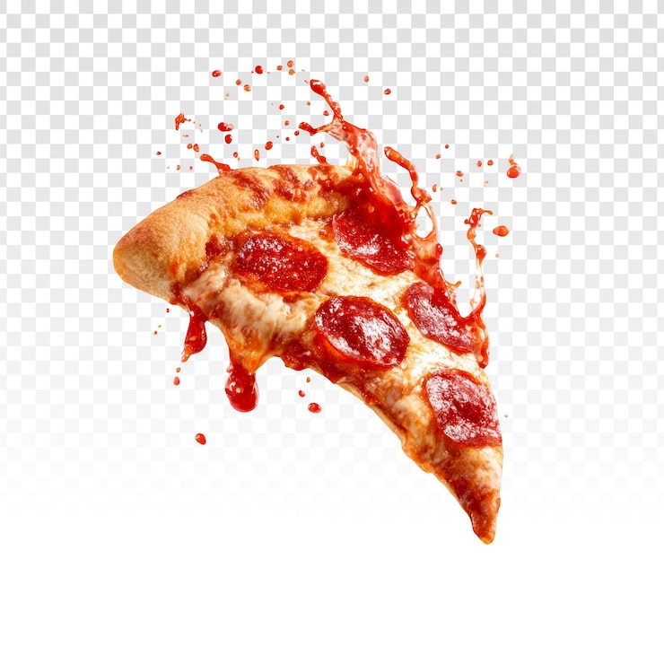 Bezpłatny plik PSD dynamiczny kawałek pizzy pepperoni z rozpryskującym się sosem