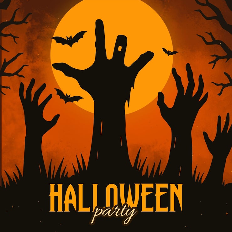 Bezpłatny plik PSD halloweenowa impreza z zombie rękami i sylwetką nietoperzy