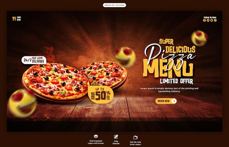 Bezpłatny plik PSD menu żywności i pyszna pizza szablon transparent www