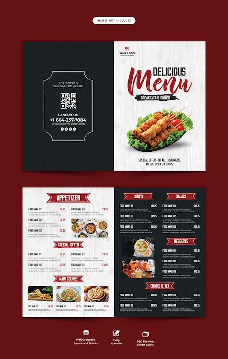 Bezpłatny plik PSD menu żywności i szablon broszury bifold w restauracji