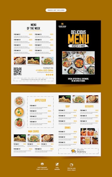 Bezpłatny plik PSD menu żywności i szablon broszury bifold w restauracji
