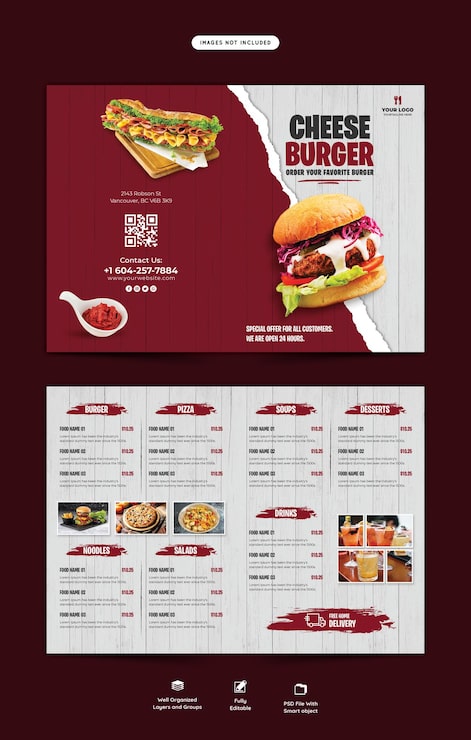 Bezpłatny plik PSD menu żywności i szablon broszury bifold w restauracji