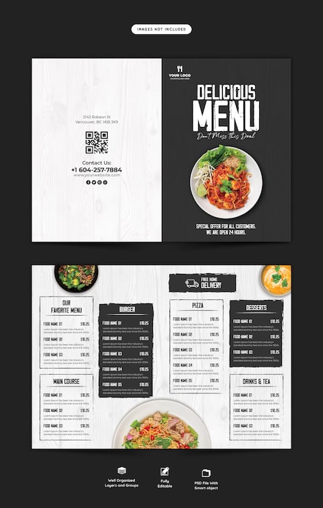 Bezpłatny plik PSD menu żywności i szablon broszury bifold w restauracji