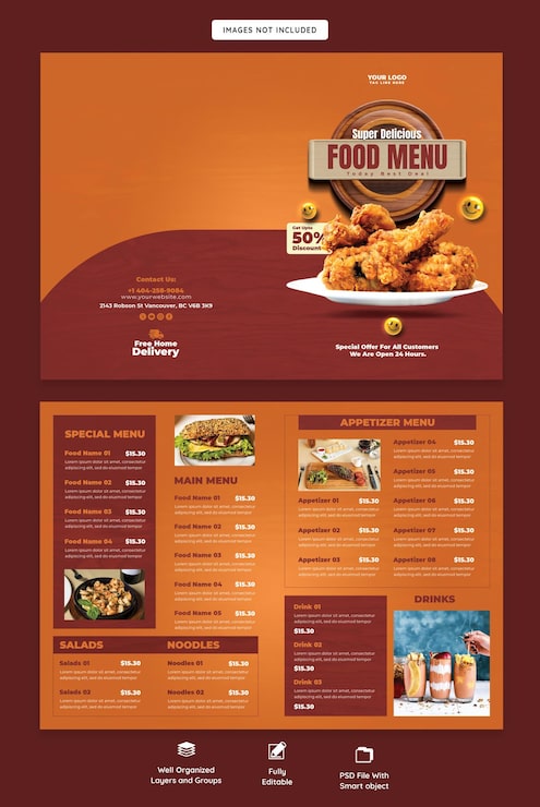 Bezpłatny plik PSD menu żywności i szablon broszury bifold w restauracji
