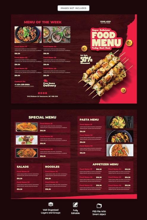 Bezpłatny plik PSD menu żywności i szablon broszury bifold w restauracji