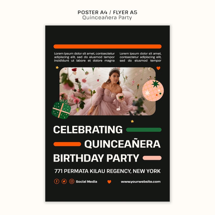 Bezpłatny plik PSD płaska konstrukcja szablon plakatu quinceañera party
