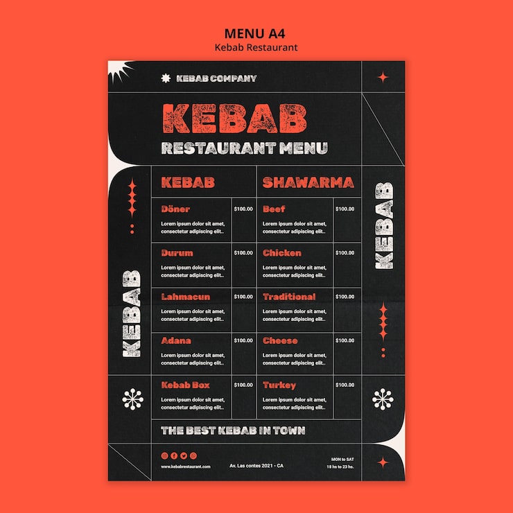 Bezpłatny plik PSD pyszny szablon menu restauracji kebab