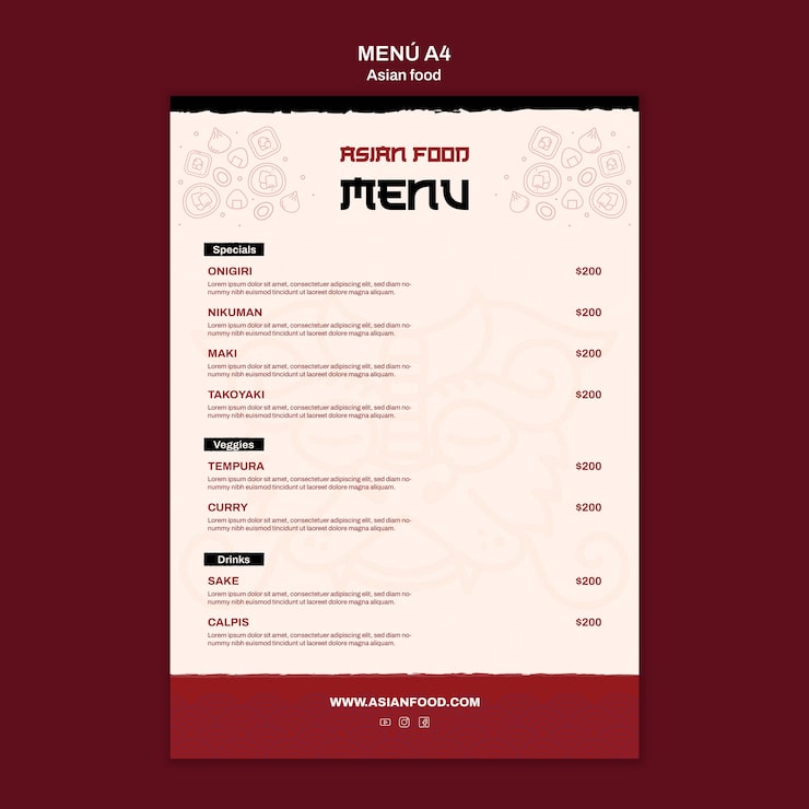 Bezpłatny plik PSD ręcznie rysowane szablon menu kuchni azjatyckiej