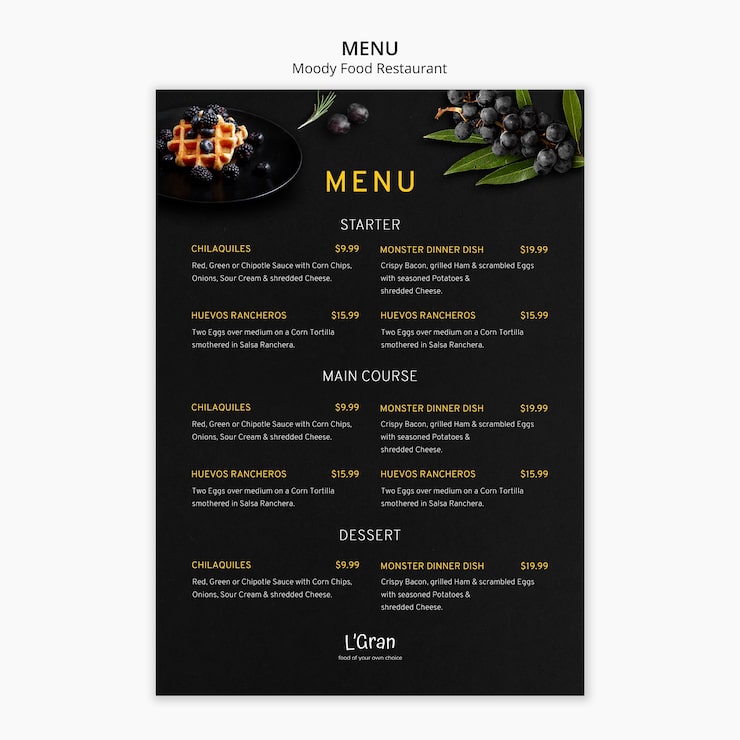 Bezpłatny plik PSD szablon menu dla nastrojowej restauracji