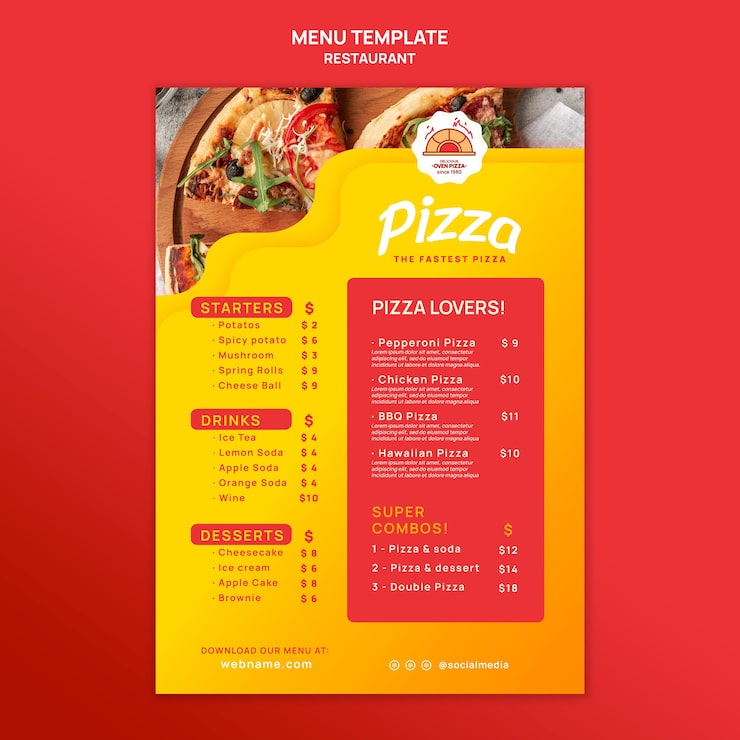Bezpłatny plik PSD szablon menu pizzerii