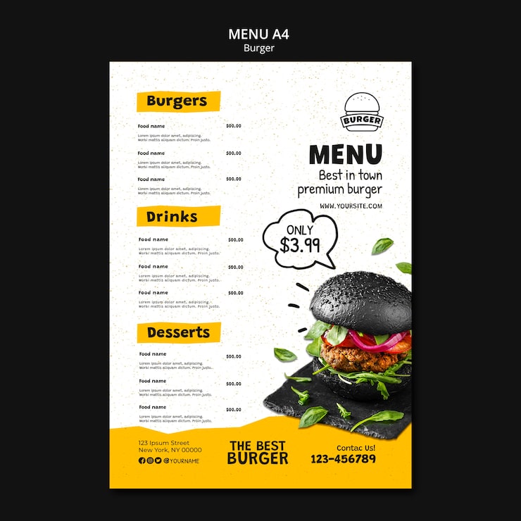 Bezpłatny plik PSD szablon menu restauracji burger