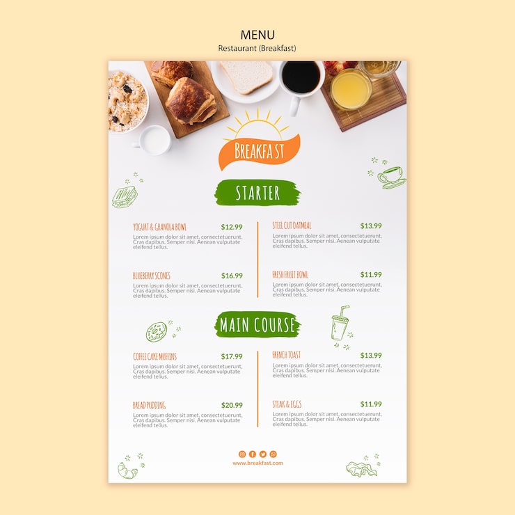 Bezpłatny plik PSD szablon menu restauracji śniadanie i kawa