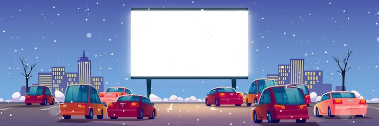 Bezpłatny plik Wektor kino plenerowe, kino samochodowe z samochodami na parkingu w zimie.