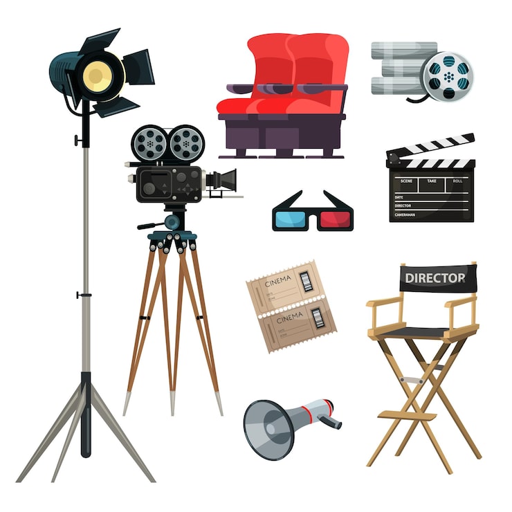 Bezpłatny plik Wektor zestaw elementów kinematografii bilet do kina okulary 3d taśma filmowa reżyser krzesło klasyczny film klakier głośnik kamera