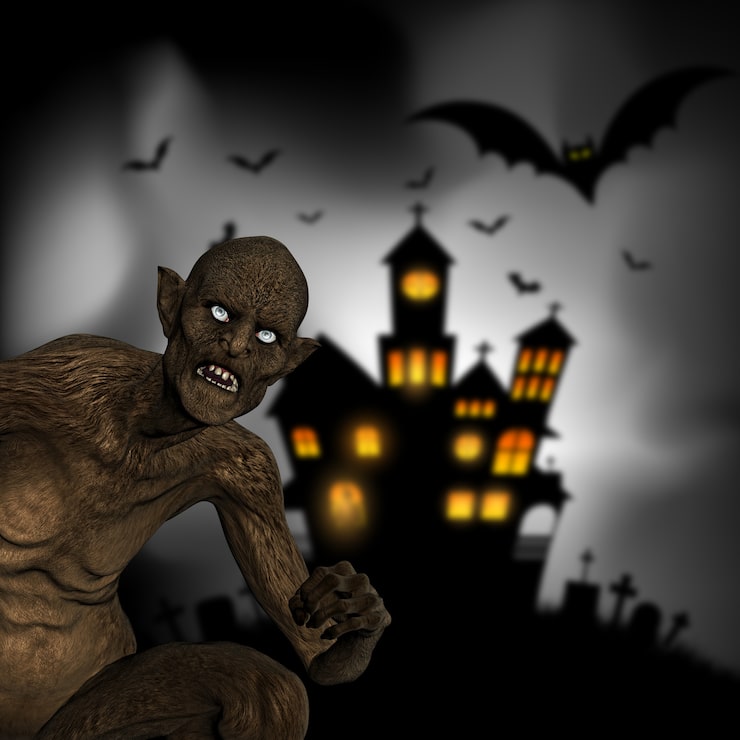 Bezpłatny plik Zdjęcie 3d render złego demona na defocussed halloween tle