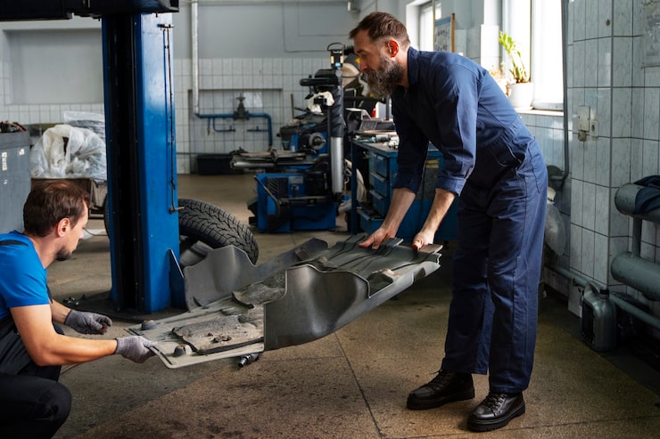 Bezpłatny plik Zdjęcie męscy mechanicy pracujący razem nad samochodem w sklepie
