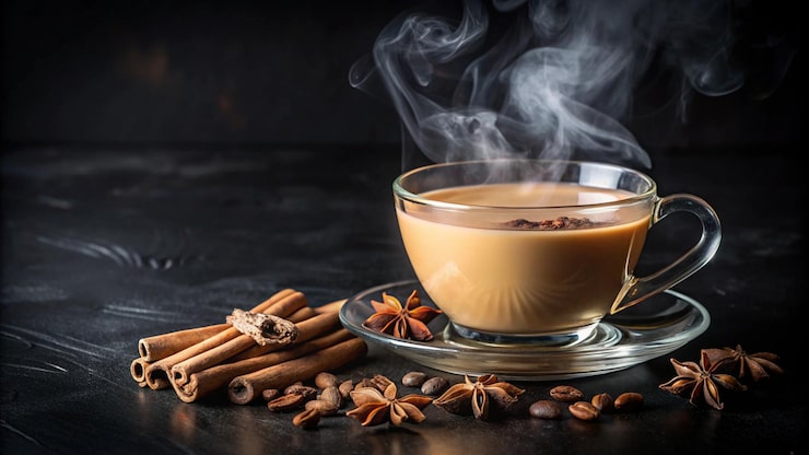 Bezpłatny plik Zdjęcie parzący kubek masala chai z przyprawami i ziarnami kawy na ciemnej powierzchni