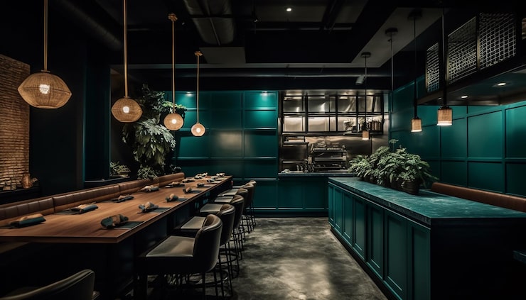 Bezpłatny plik Zdjęcie restauracja z zieloną ścianą i drewnianym stołem z rzędem stołów oraz donicą z rośliną w tle.