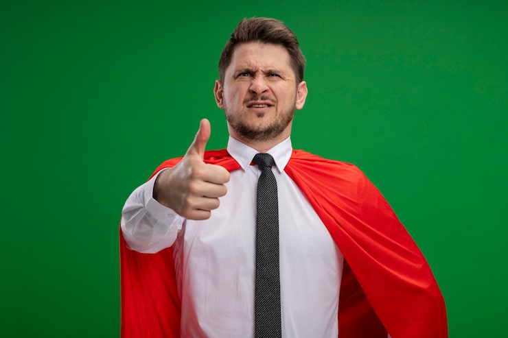 Bezpłatny plik Zdjęcie superbohater biznesmen w czerwonej pelerynie z poważną twarzą pokazującą kciuki do góry stojąc na zielonej ścianie