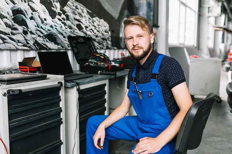 Bezpłatny plik Zdjęcie technik siedzi przy stole roboczym