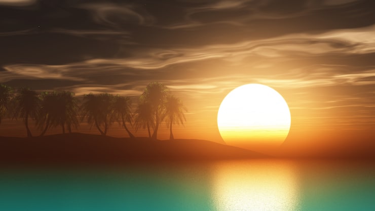 Foto gratuito 3d render palmeras al atardecer