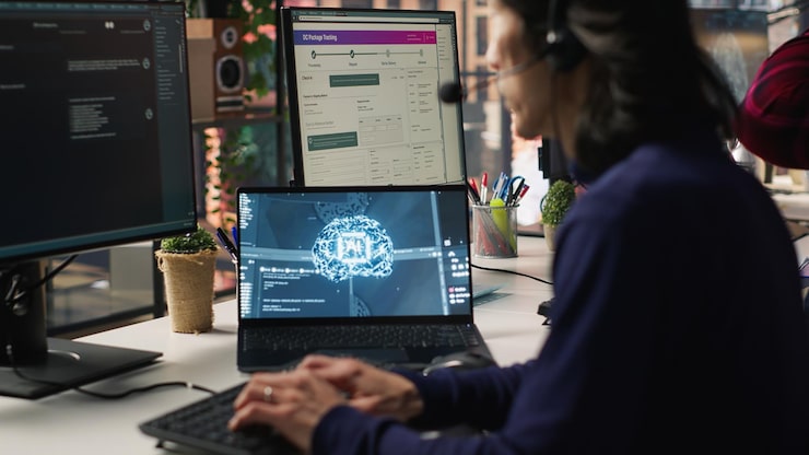 Photo Gratis agen pusat panggilan melacak pengiriman di kantor menggunakan chatbot ai untuk bantuan