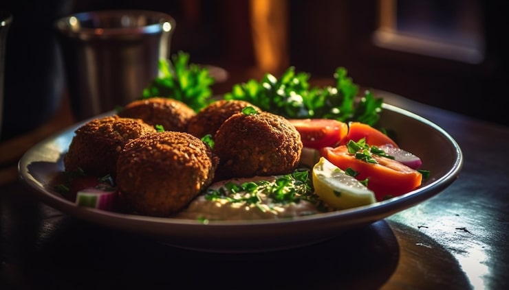 Foto gratuito albóndigas orgánicas y falafel en un plato rústico generado por ia