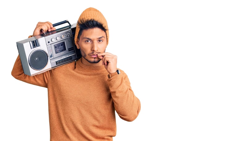 Foto gratuito apuesto joven latinoamericano sosteniendo boombox escuchando música con la boca y los labios cerrados como zip con los dedos secreto y silencioso tabú hablando