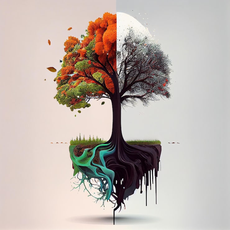 Foto gratuito árbol con dos estaciones comparado escena generativa ia