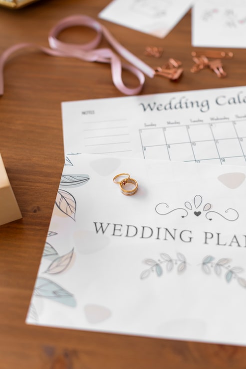 Foto gratuito arreglo de artículos de planificación de bodas de alto ángulo