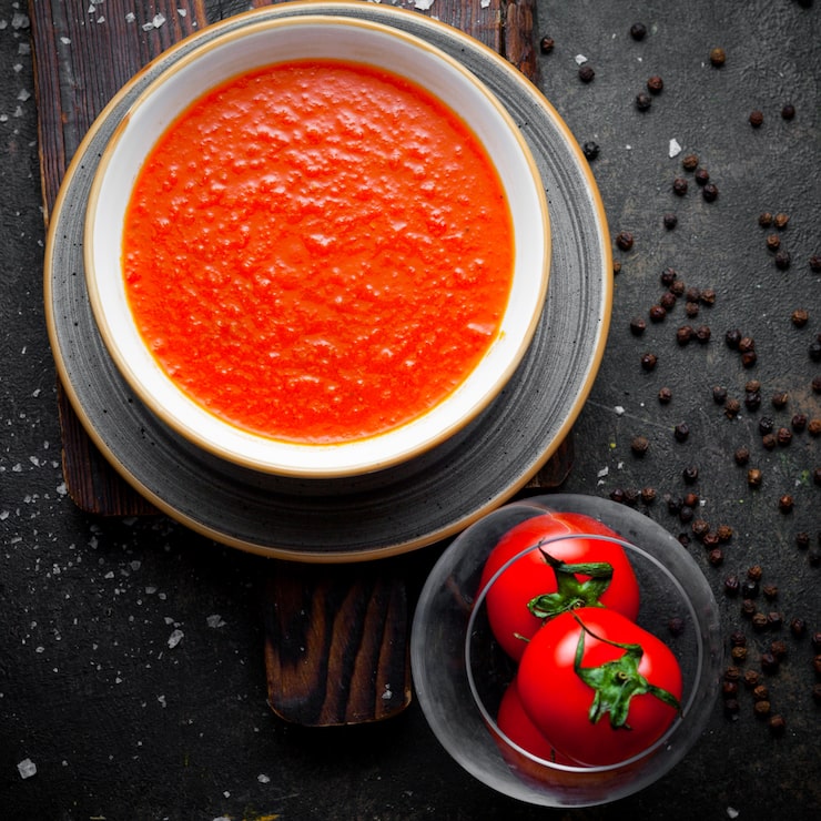 Foto gratuito desde arriba sopa de tomate con tomate en plato