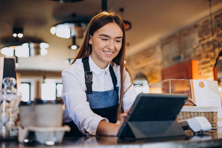 Foto gratuito barista femenina con tableta haciendo pedidos en una cafetería