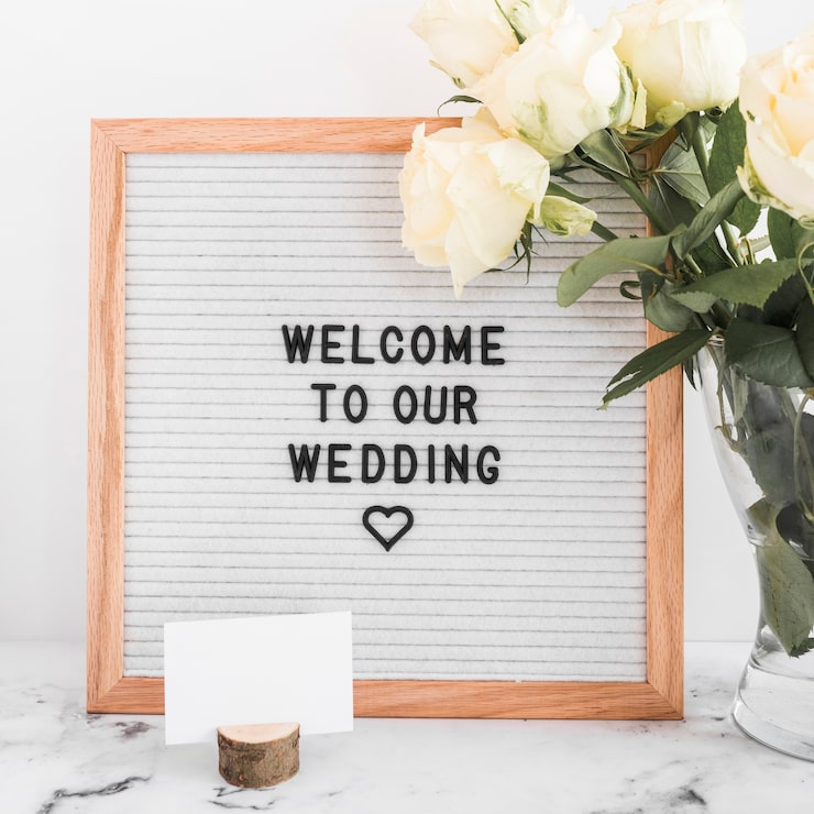 Foto gratuito bienvenido a nuestro mensaje de boda en marco de madera con tarjeta de visita en blanco y rosas