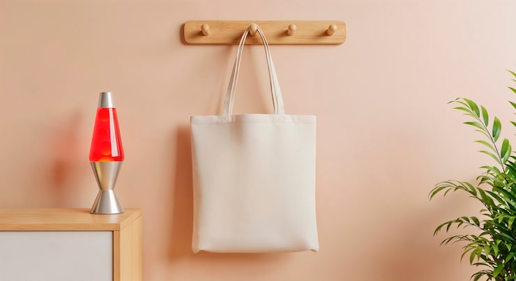 Foto gratuito bolsa de tote colgada en la pared con lámpara de lava y planta