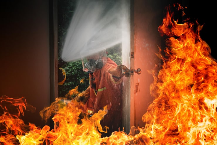 Foto gratuito bombero en entrenamiento de simulación de simulacro de incendio y evacuación de incendios para seguridad en condominio o fábrica