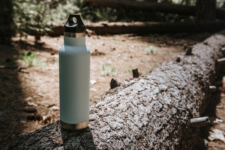 Foto gratuito botella de agua en un tronco en un bosque