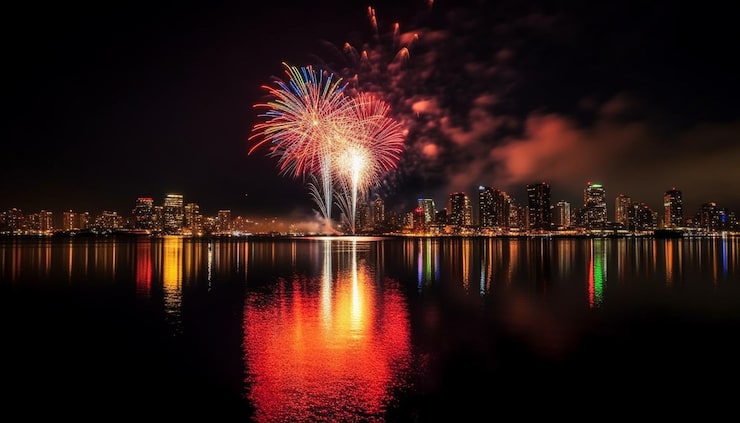Photo Gratis cakrawala vancouver meledak dengan tampilan kembang api yang semarak yang dihasilkan oleh ai
