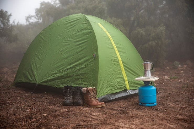 Foto gratuito carpa verde instalada en el bosque