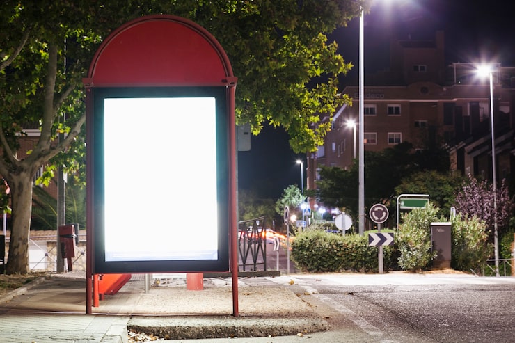 Foto gratuito cartelera en blanco iluminada para publicidad en la estación de autobuses