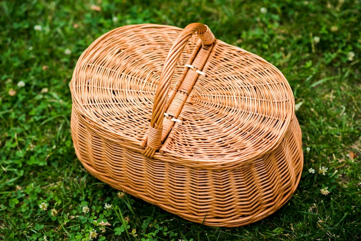 Foto gratuito cesta de mimbre de picnic en vista superior de hierba