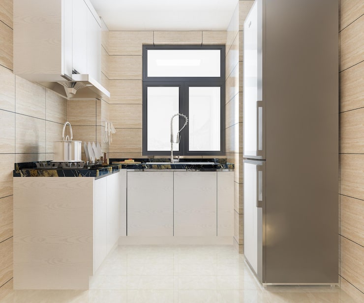 Foto gratuito cocina de diseño moderno blanco de renderizado 3d con nevera