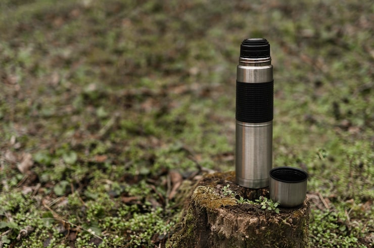 Foto gratuito concepto de senderismo por el bosque con matraz en registro