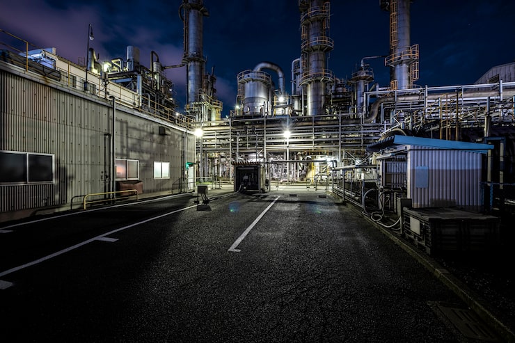 Foto gratuito contaminación ambiental y exterior de la fábrica por la noche