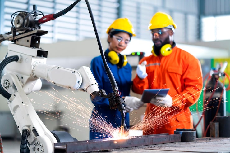 Foto gratuito cooperación de ingenieros, técnico masculino y femenino, control de mantenimiento, relé, sistema de brazo robótico, soldadura con tableta portátil para controlar la calidad, operación, proceso, trabajo, industria pesada, 40 fábrica de fabricación.