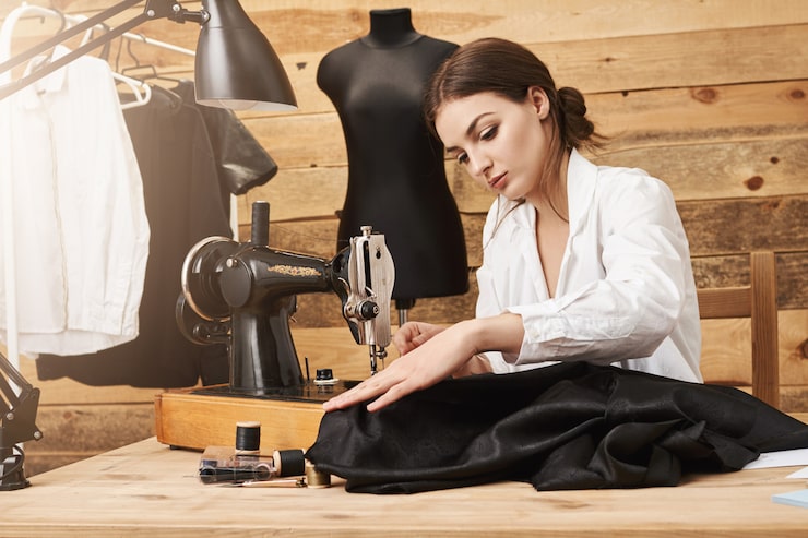 Foto gratuito coser no es solo trabajo, es estilo. diseñadora creativa que trabaja con la máquina de coser bajo su nueva línea de ropa, enfocándose y haciendo esfuerzos para que se vea genial mientras está en su propio taller.