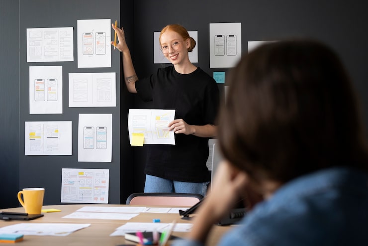 Foto gratuito diseñadora web con papeles y notas en la oficina