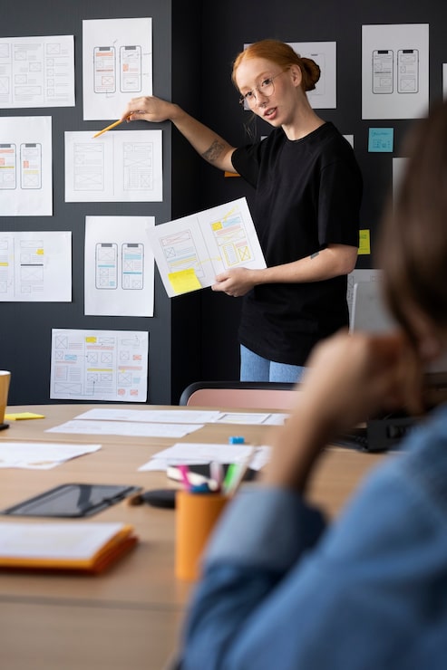 Foto gratuito diseñadora web con papeles y notas en la oficina