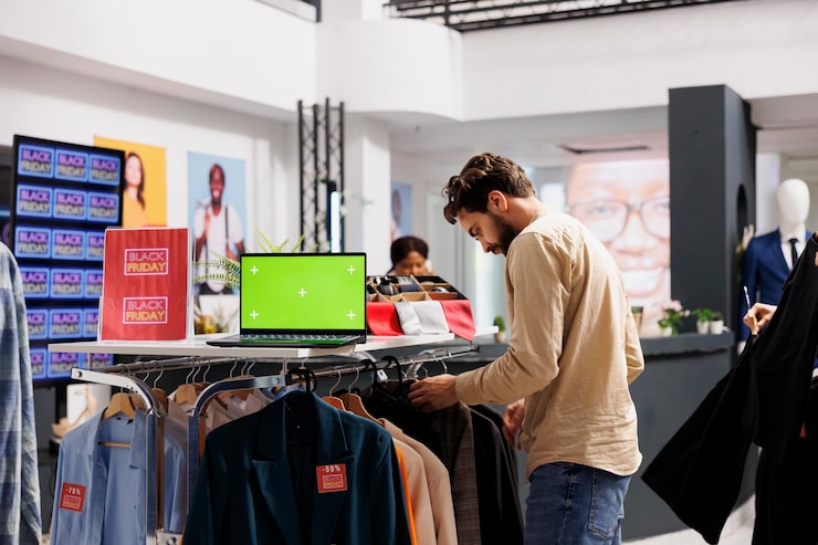 Photo Gratis diskon musiman. pria muda berbelanja di black friday di butik mode, mencari diskon selama obral musim liburan. laptop dengan layar hijau kunci kroma berdiri di rak pakaian