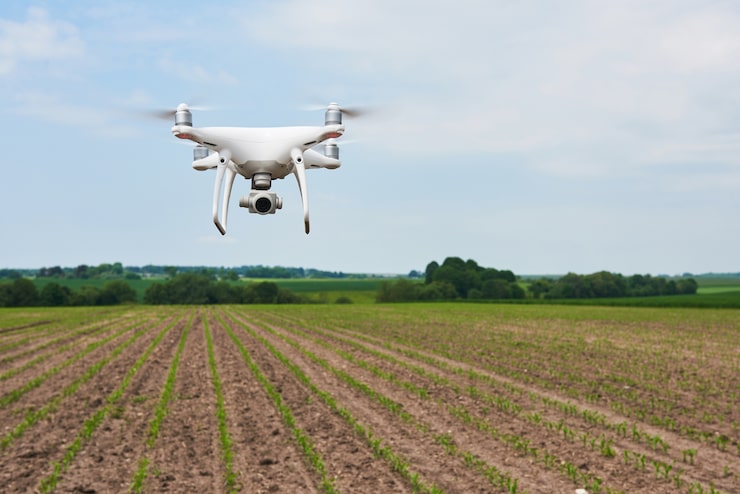 Photo Gratis drone quad copter dengan kamera digital resolusi tinggi di ladang jagung hijau, agro